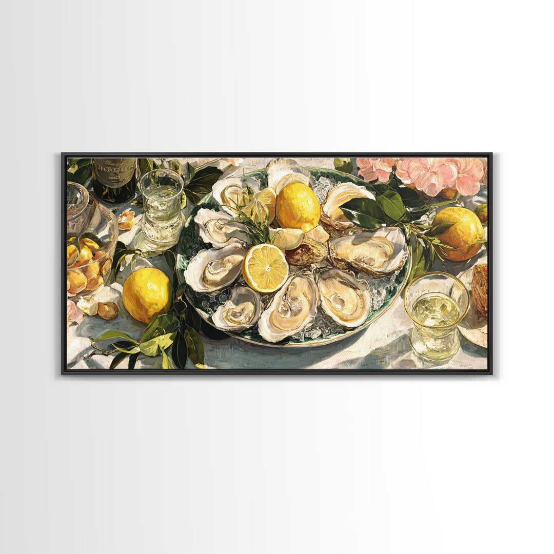 Oyster Platter with Lemons and Champagne Framed Canvas Print, Restaurant Art, Neutral Decor, Restaurant Decor, Fine Art, Bistro, RES-2x1-95