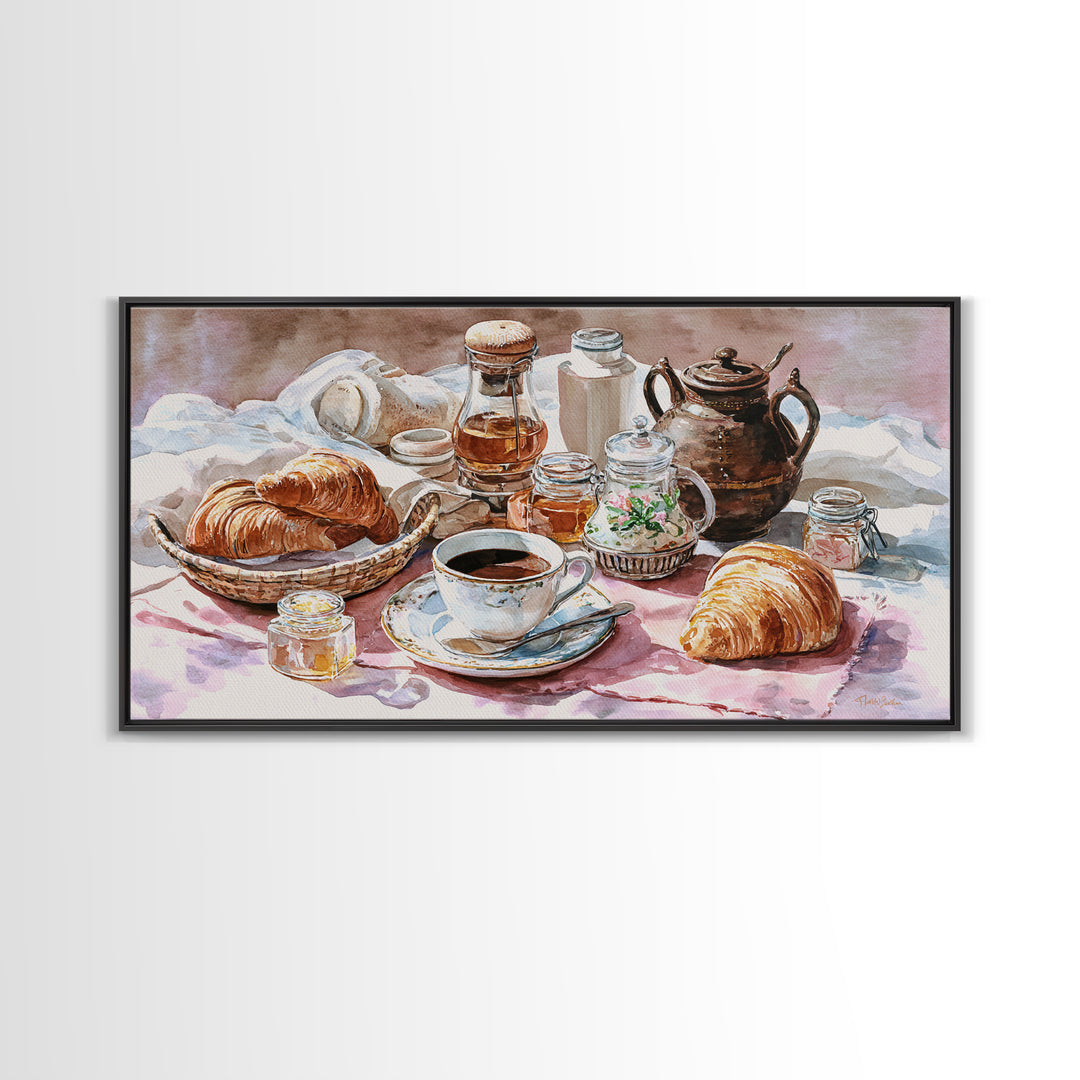 French Bistro Coffee and Croissant Still Life Canvas Print, Restaurant Art, Framed Wall Art, Restaurant Decor, Watercolor Art, RES-2x1-98