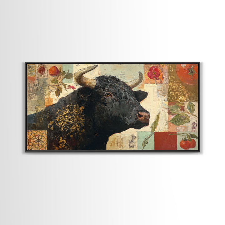 Steakhouse Black and Gold Bull Portrait Framed Canvas Print, Restaurant Art, Living Room Decor, Restaurant Decor, Bistro, RES-2x1-99