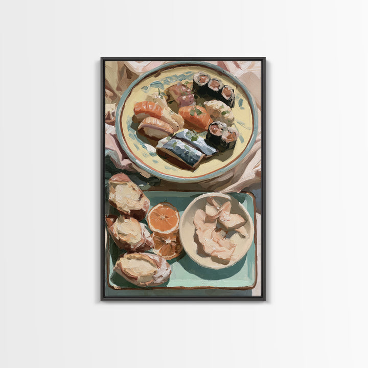 Sushi Fish and Ceramic Plate Composition Framed Canvas Print, Restaurant Art, Kitchen Decor, Restaurant Decor, Fine Art, Bistro, RES-2x3-13