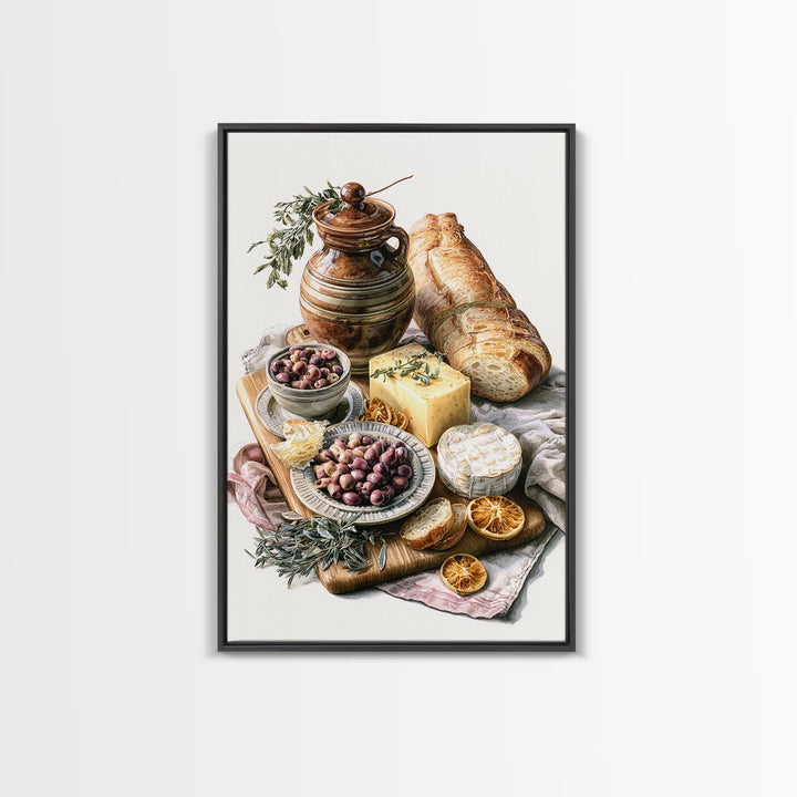 Mediterranean Olives Bread and Cheese Board Canvas Print, Restaurant Art, Kitchen Wall Art, Restaurant Decor, Bistro, RES-2x3-17