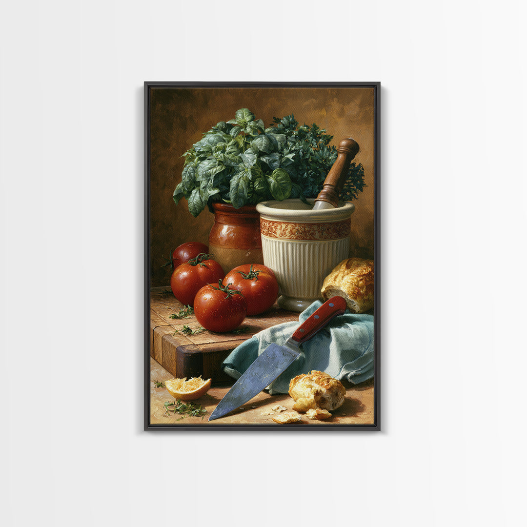 Chef Knife Herbs and Cutting Board Still Framed Canvas Print, Restaurant Art, Restaurant Decor, Oil Painting, Bistro, RES-2x3-21