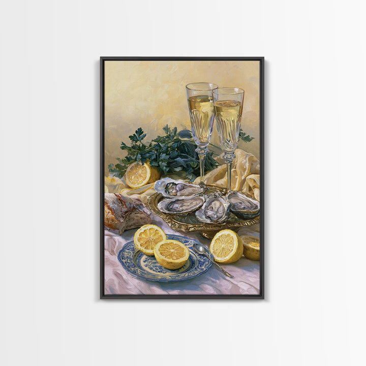 Oyster Platter with Lemons and Champagne Canvas Print, Restaurant Art, Framed Wall Art, Restaurant Decor, Watercolor Art, RES-2x3-35