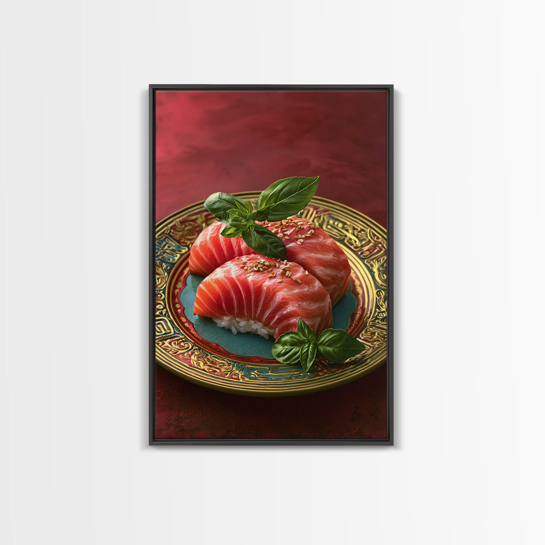 Sushi Fish and Ceramic Plate Composition Framed Canvas Print, Restaurant Art, Kitchen Decor, Restaurant Decor, Fine Art, Bistro, RES-2x3-37