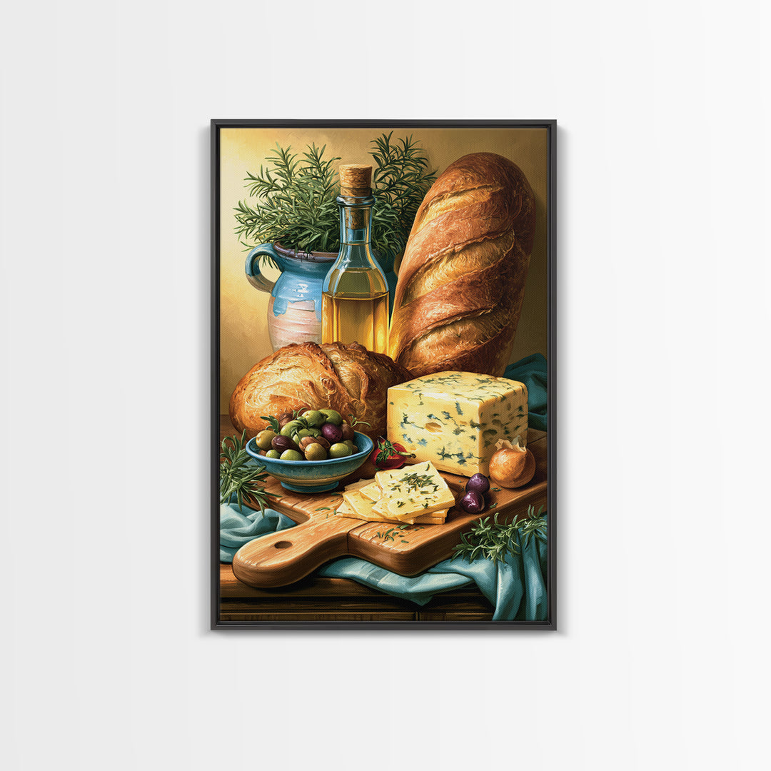 Mediterranean Olives Bread and Cheese Board Canvas Print, Restaurant Art, Kitchen Wall Art, Restaurant Decor, Bistro, RES-2x3-41