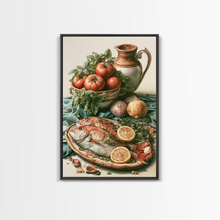 Fresh Fish with Lemon and Herbs Framed Canvas Print, Restaurant Art, Large Wall Art, Restaurant Decor, Fine Art, Bistro, RES-2x3-55