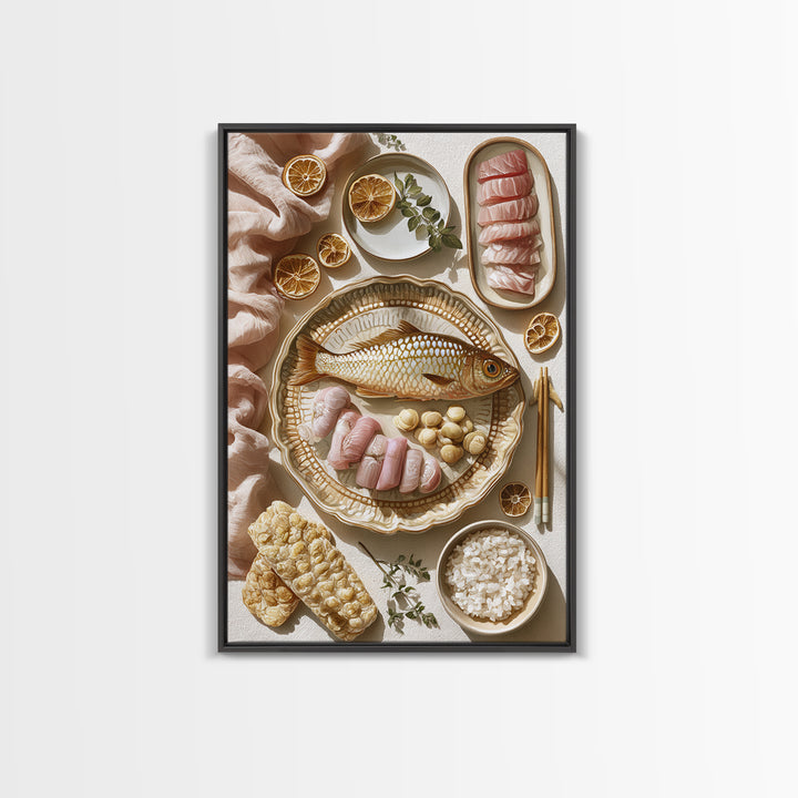 Sushi Fish and Ceramic Plate Composition Canvas Print, Restaurant Art, Kitchen Art, Restaurant Decor, Fine Art, Bistro, RES-2x3-61