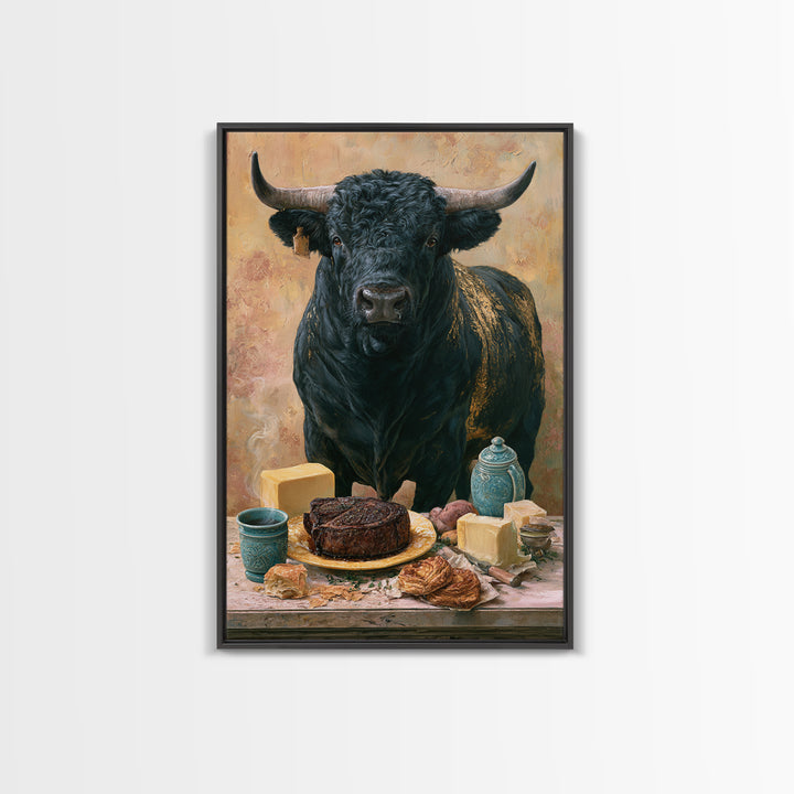 Steakhouse Black and Gold Bull Portrait Framed Canvas Print, Restaurant Art, Farmhouse Decor, Restaurant Decor, Bistro, RES-2x3-63