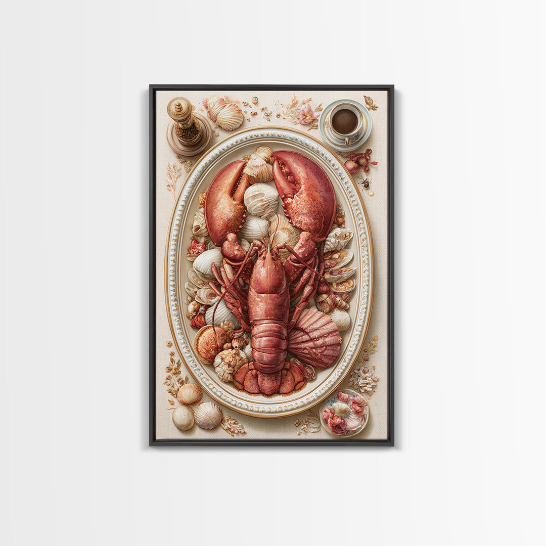 Seafood Lobster and Shell Arrangement Framed Canvas Print, Restaurant Art, Printable Wall Art, Restaurant Decor, Bistro, RES-2x3-64