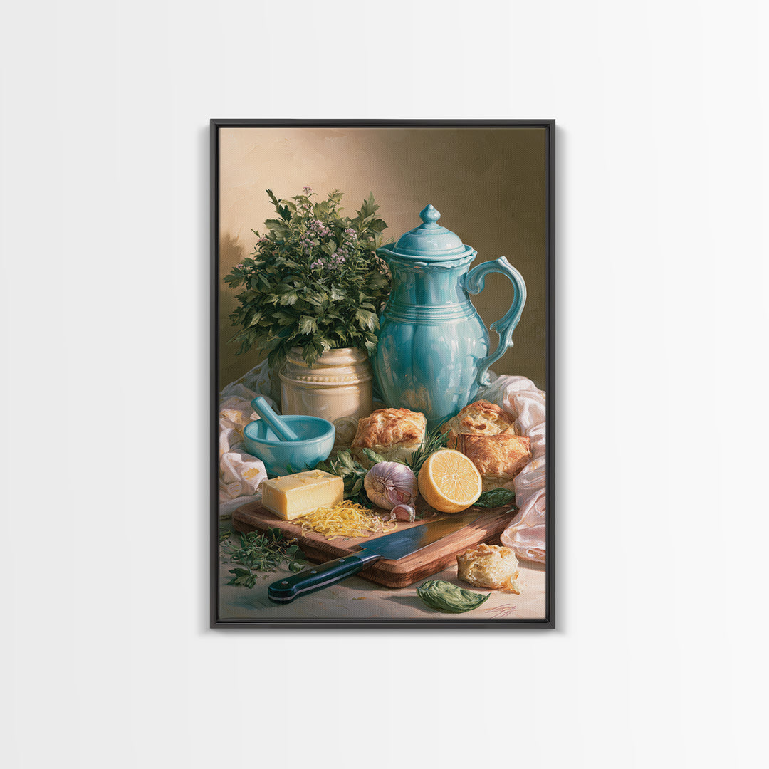 Chef Knife Herbs and Cutting Board Still Framed Canvas Print, Restaurant Art, Living Room Decor, Restaurant Decor, Bistro, RES-2x3-69