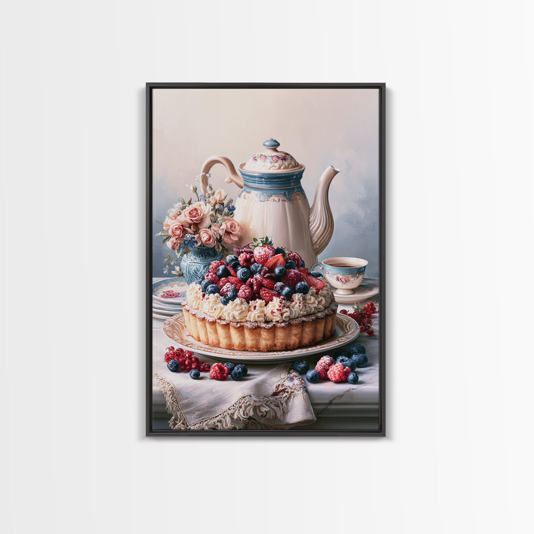 Dessert Tart with Berries and Cream Canvas Print, Restaurant Art, Wall Art Prints, Restaurant Decor, Oil Painting, Bistro, RES-2x3-72