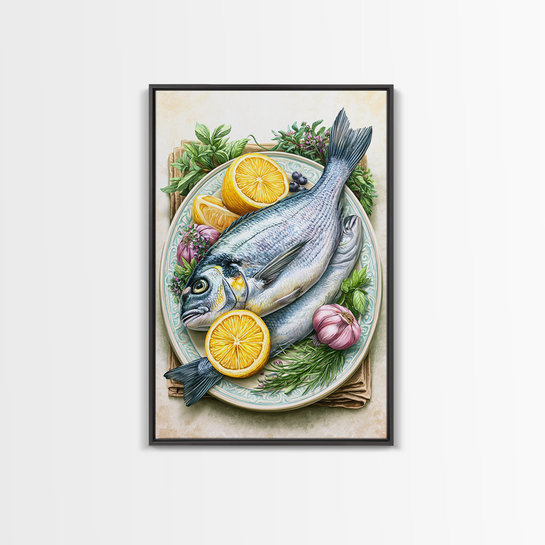 Fresh Fish with Lemon and Herbs Canvas Print, Restaurant Art, Printable Art, Restaurant Decor, Fine Art, Bistro, Watercolor Art, RES-2x3-79