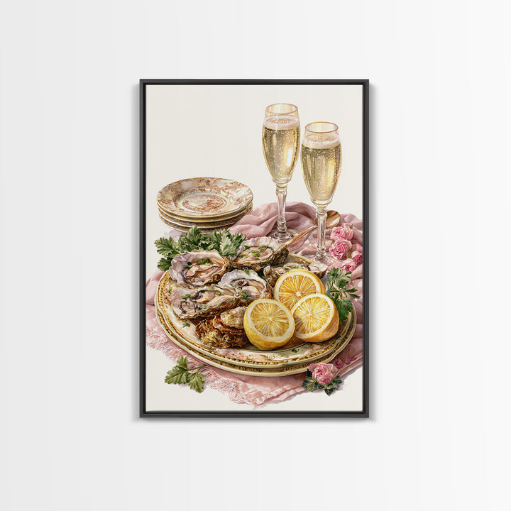 Oyster Platter with Lemons and Champagne Framed Canvas Print, Restaurant Art, Watercolor Art, Restaurant Decor, Abstract Art, RES-2x3-83