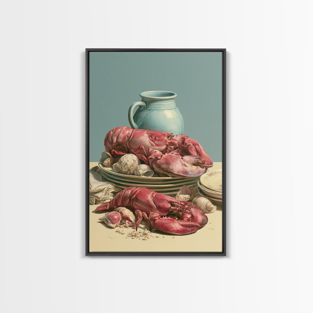 Seafood Lobster and Shell Arrangement Framed Canvas Print, Restaurant Art, Kitchen Art, Restaurant Decor, Fine Art, Bistro, RES-2x3-88