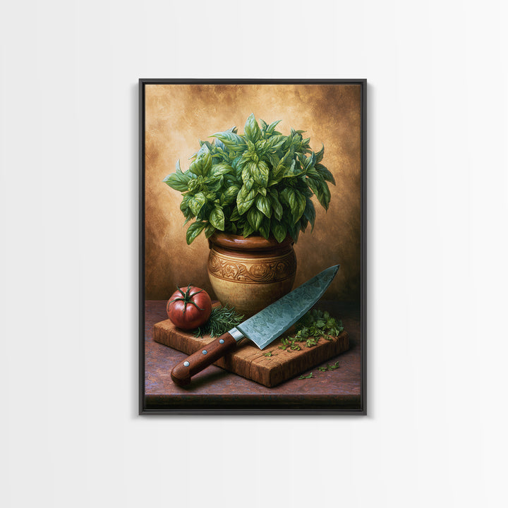 Chef Knife Herbs and Cutting Board Still Framed Canvas Print, Restaurant Art, Living Room Decor, Restaurant Decor, Bistro, RES-2x3-93