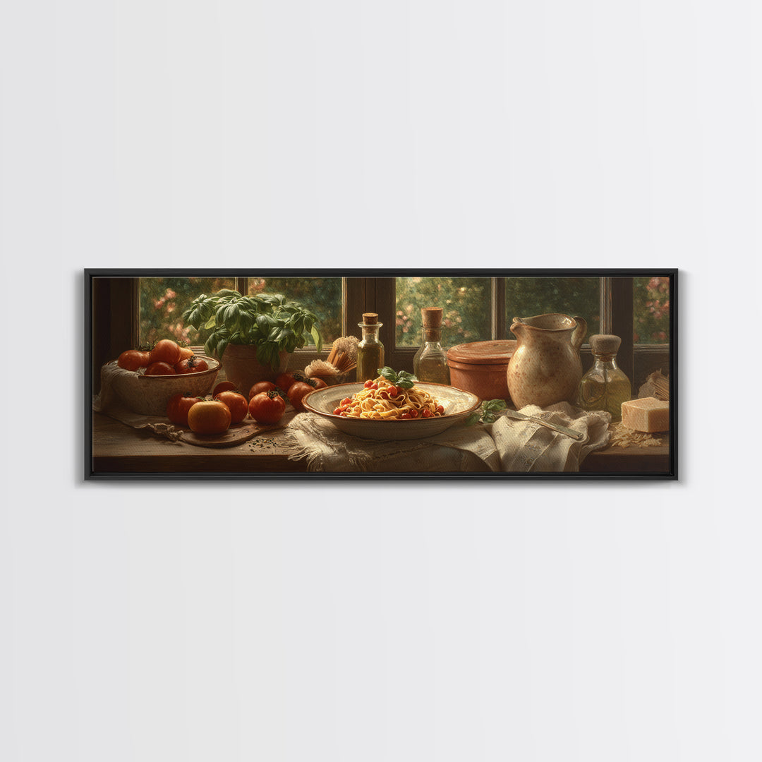 Fresh Pasta with Tomatoes and Basil Framed Canvas Print, Restaurant Art, Printable Art, Restaurant Decor, Fine Art, Bistro, RES-3x1-18