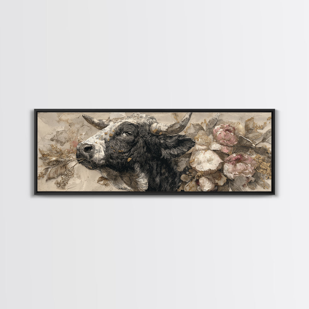 Steakhouse Black and Gold Bull Portrait Framed Canvas Print, Restaurant Art, Room Decor, Restaurant Decor, Oil Painting, Bistro, RES-3x1-23