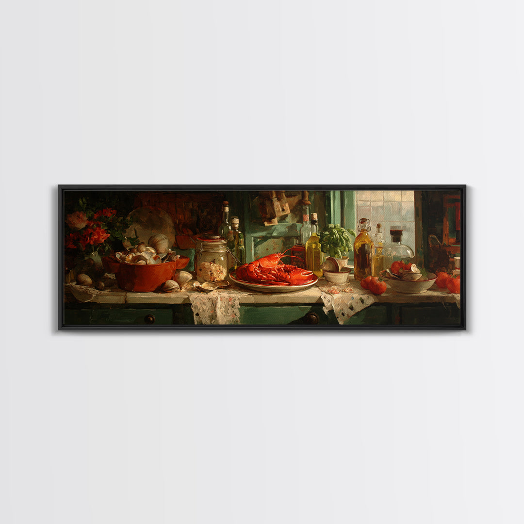 Seafood Lobster and Shell Arrangement Canvas Print, Restaurant Art, Cool Wall Art, Restaurant Decor, Fine Art, Bistro, RES-3x1-24