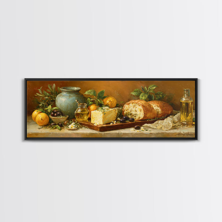 Mediterranean Olives Bread and Cheese Board Canvas Print, Restaurant Art, Watercolor Art, Restaurant Decor, Abstract Art, RES-3x1-25