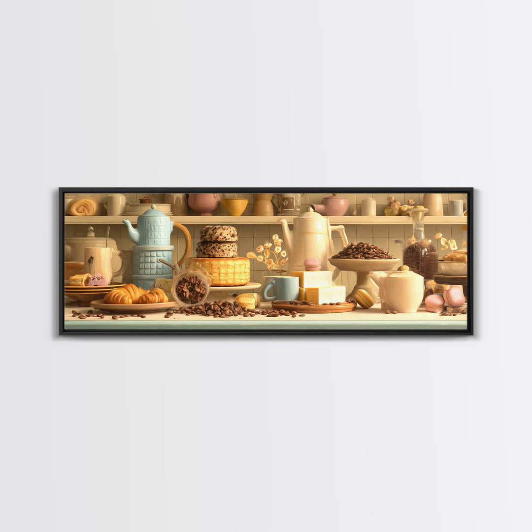 Coffee Beans and Pastry Arrangement Canvas Print, Restaurant Art, Boho Decor, Restaurant Decor, Oil Painting, Bistro, RES-3x1-62