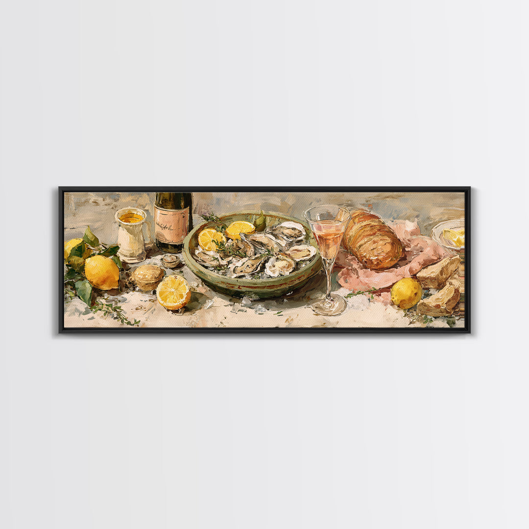 Oyster Platter with Lemons and Champagne Framed Canvas Print, Restaurant Art, Kitchen Wall Art, Restaurant Decor, Abstract Art, RES-3x1-67