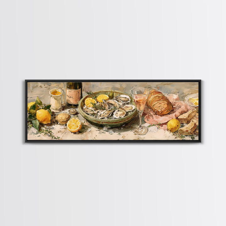 Oyster Platter with Lemons and Champagne Framed Canvas Print, Restaurant Art, Kitchen Wall Art, Restaurant Decor, Abstract Art, RES-3x1-67