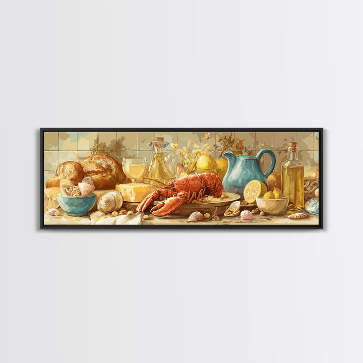 Seafood Lobster and Shell Arrangement Framed Canvas Print, Restaurant Art, Poster, Restaurant Decor, Fine Art, Bistro, RES-3x1-72
