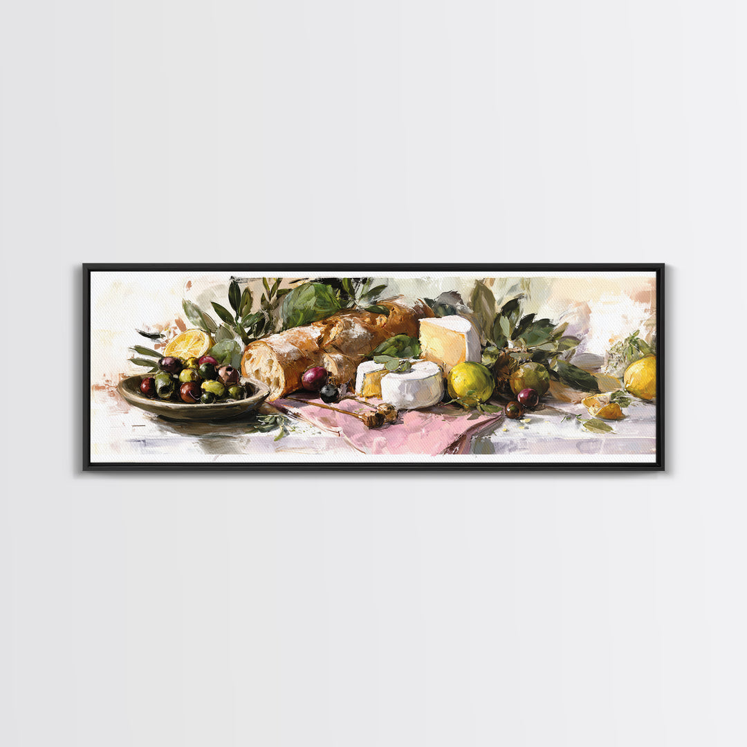 Mediterranean Olives Bread and Cheese Board Framed Canvas Print, Restaurant Art, Neutral Decor, Restaurant Decor, Bistro, RES-3x1-73