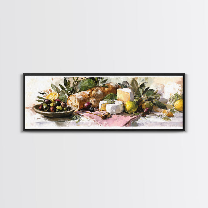 Mediterranean Olives Bread and Cheese Board Framed Canvas Print, Restaurant Art, Neutral Decor, Restaurant Decor, Bistro, RES-3x1-73