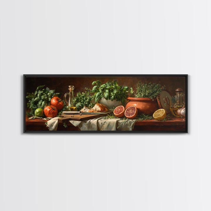 Chef Knife Herbs and Cutting Board Still Framed Canvas Print, Restaurant Art, Stained Glass Art, Restaurant Decor, Bistro, RES-3x1-77