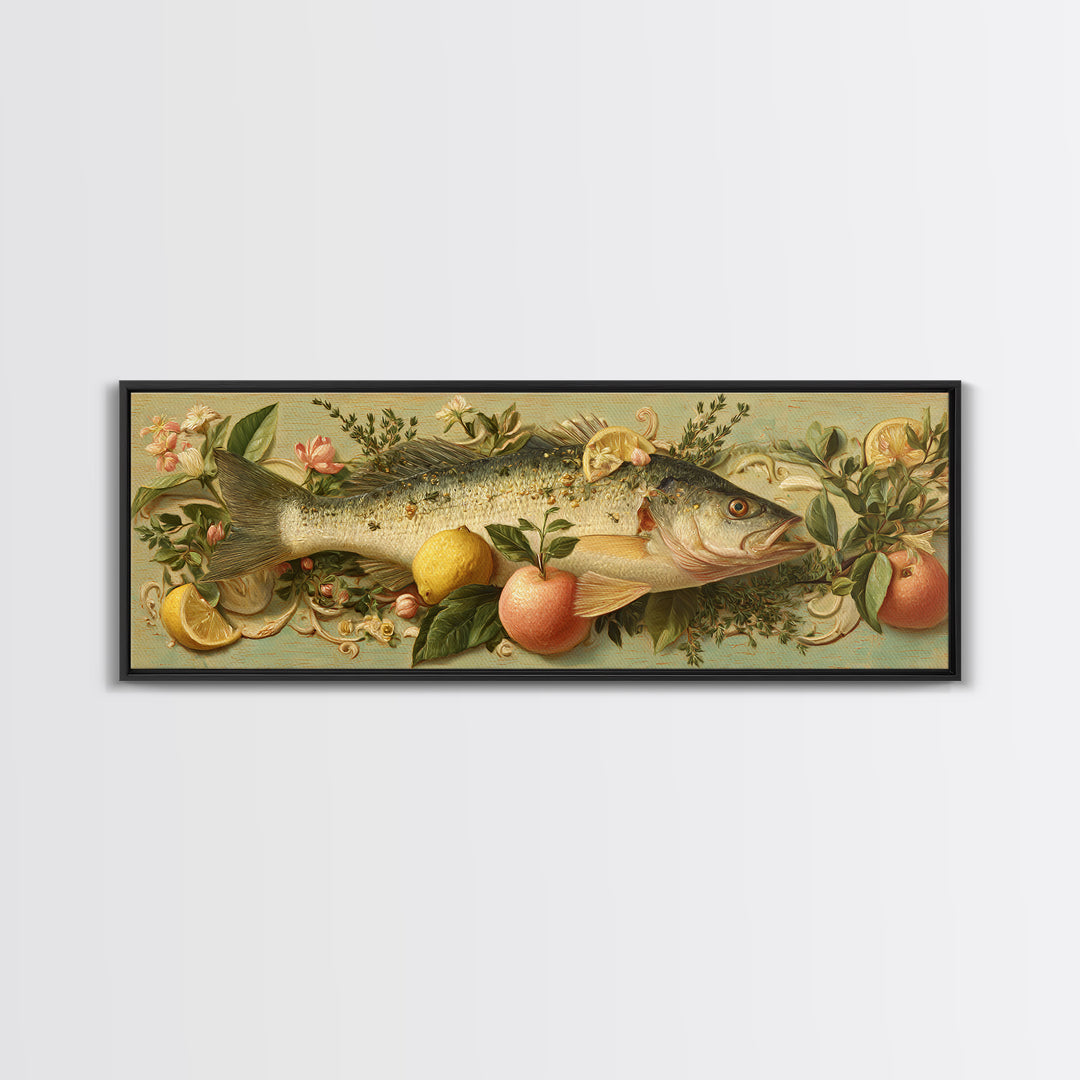 Fresh Fish with Lemon and Herbs Framed Canvas Print, Restaurant Art, Kitchen Decor, Restaurant Decor, Fine Art, Bistro, RES-3x1-87