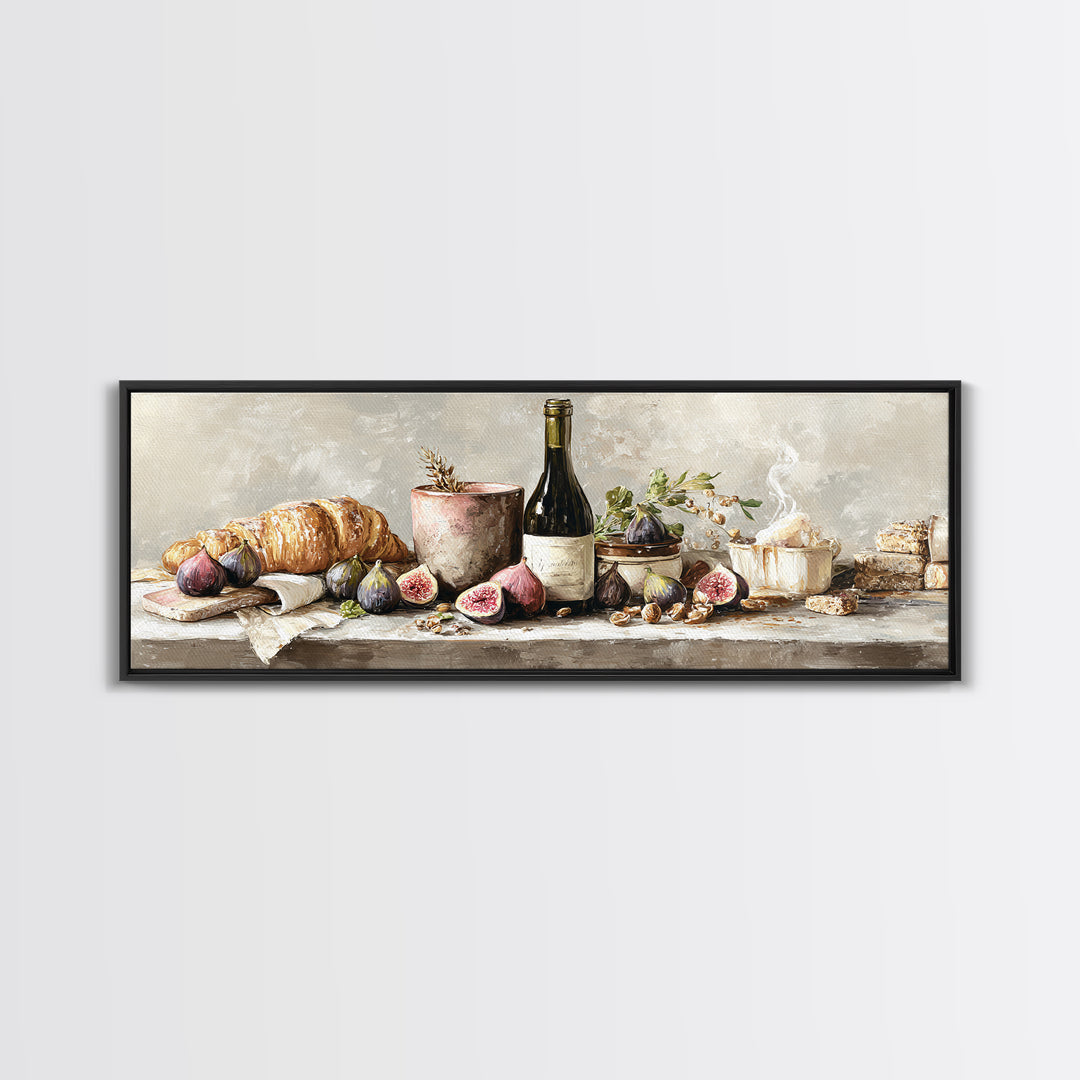 Wine Bottle and Figs Framed Canvas Print, Restaurant Art, Boho Decor, Restaurant Decor, Oil Painting, Bistro, RES-3x1-89