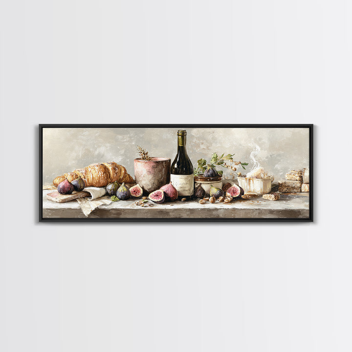 Wine Bottle and Figs Framed Canvas Print, Restaurant Art, Boho Decor, Restaurant Decor, Oil Painting, Bistro, RES-3x1-89