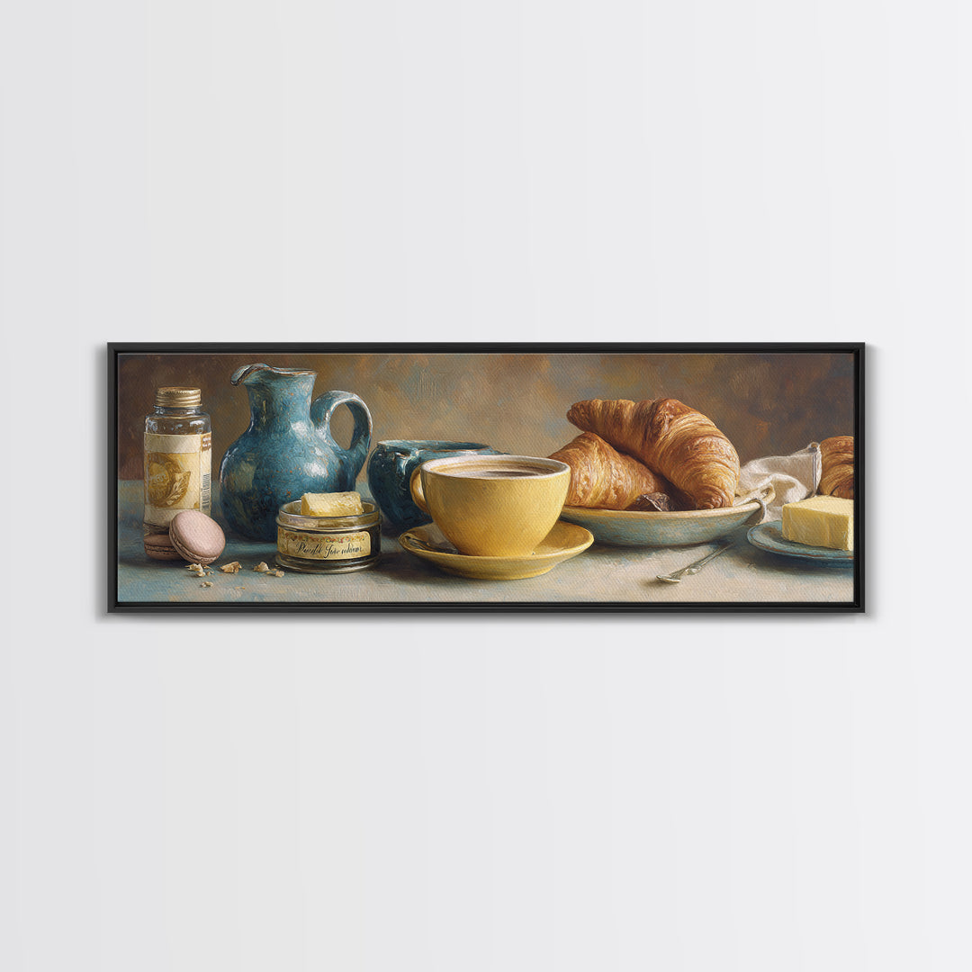 French Bistro Coffee and Croissant Still Life Canvas Print, Restaurant Art, Bedroom Wall Art, Restaurant Decor, Watercolor Art, RES-3x1-94