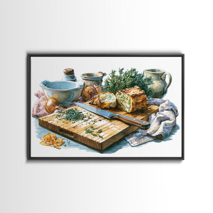 Chef Knife Herbs and Cutting Board Still Canvas Print, Restaurant Art, Kitchen Wall Decor, Restaurant Decor, Fine Art, Bistro, RES-3x2-17