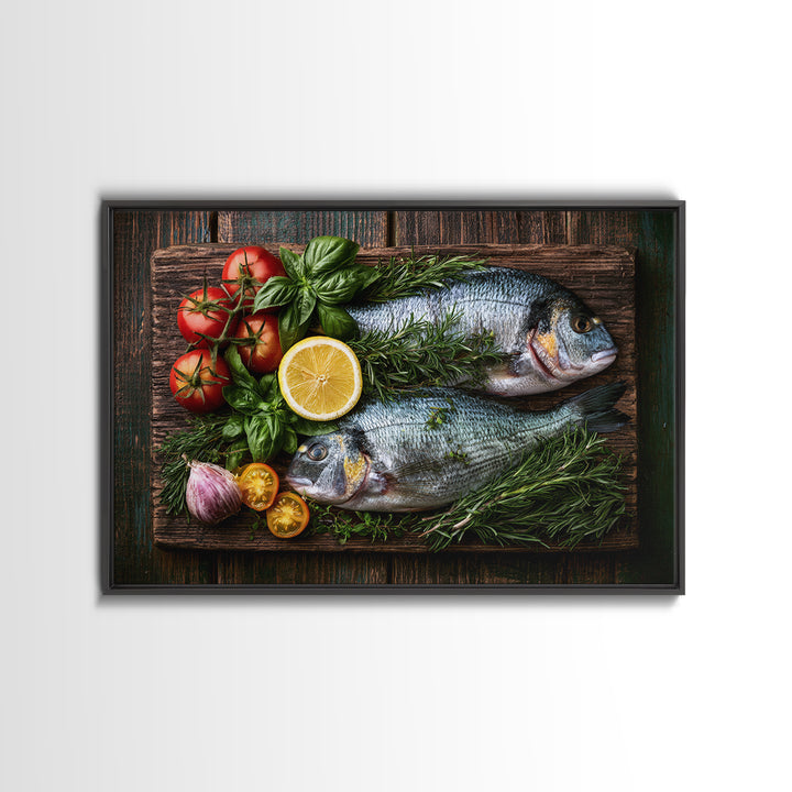 Fresh Fish with Lemon and Herbs Framed Canvas Print, Restaurant Art, Gallery Decor, Restaurant Decor, Fine Art, Bistro, RES-3x2-27