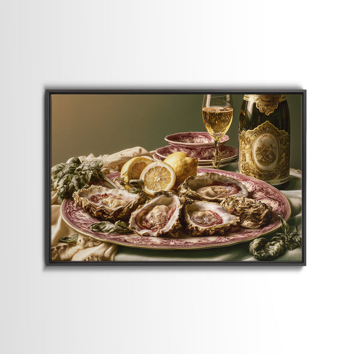 Oyster Platter with Lemons and Champagne Framed Canvas Print, Restaurant Art, Statement Artwork, Restaurant Decor, Bistro, RES-3x2-31
