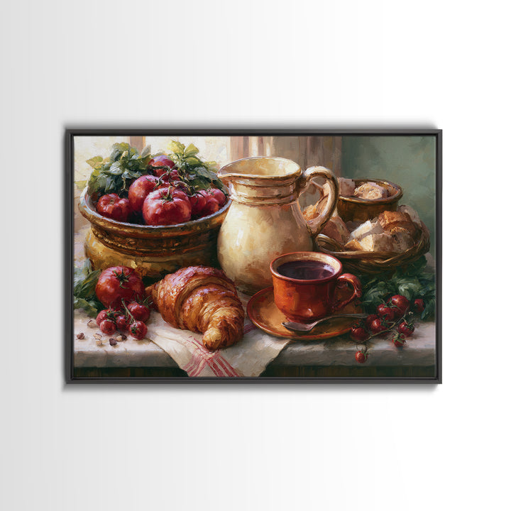 French Bistro Coffee and Croissant Still Life Canvas Print, Restaurant Art, Bedroom Wall Art, Restaurant Decor, Watercolor Art, RES-3x2-34