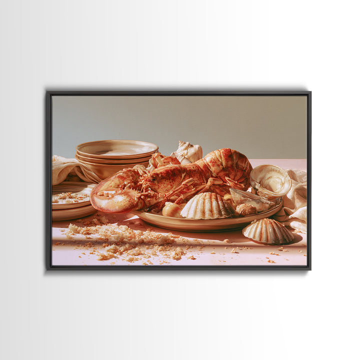 Seafood Lobster and Shell Arrangement Framed Canvas Print, Restaurant Art, Cool Wall Art, Restaurant Decor, Fine Art, Bistro, RES-3x2-36