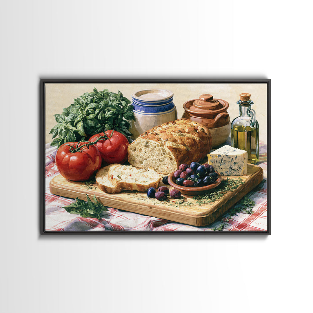 Mediterranean Olives Bread and Cheese Board Canvas Print, Restaurant Art, Food Art, Restaurant Decor, Oil Painting, Bistro, RES-3x2-37