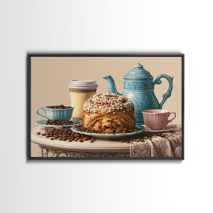Coffee Beans and Pastry Arrangement Framed Canvas Print, Restaurant Art, Watercolor Painting, Restaurant Decor, Oil Painting, RES-3x2-50
