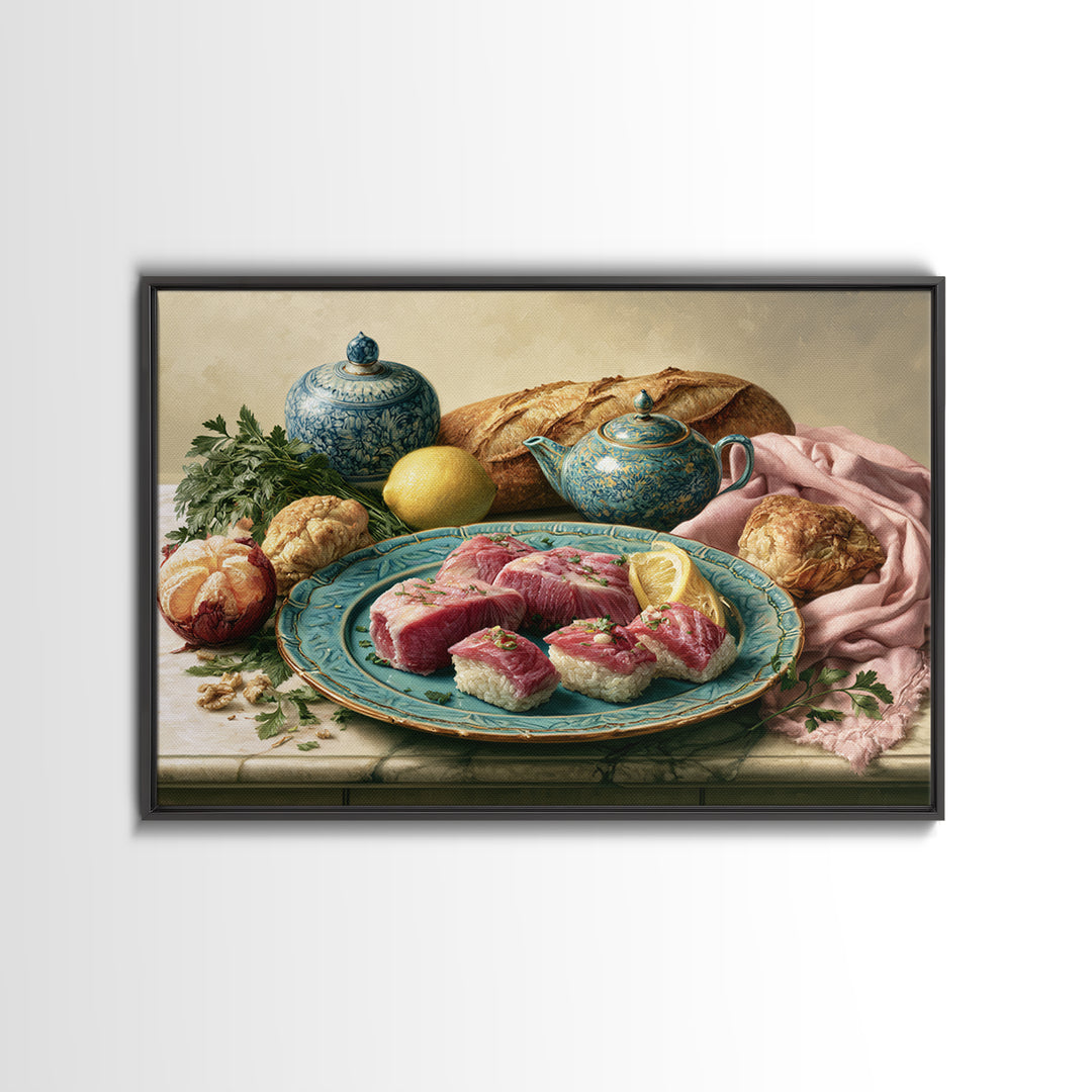 Sushi Fish and Ceramic Plate Composition Canvas Print, Restaurant Art, Cool Wall Art, Restaurant Decor, Fine Art, Bistro, RES-3x2-57