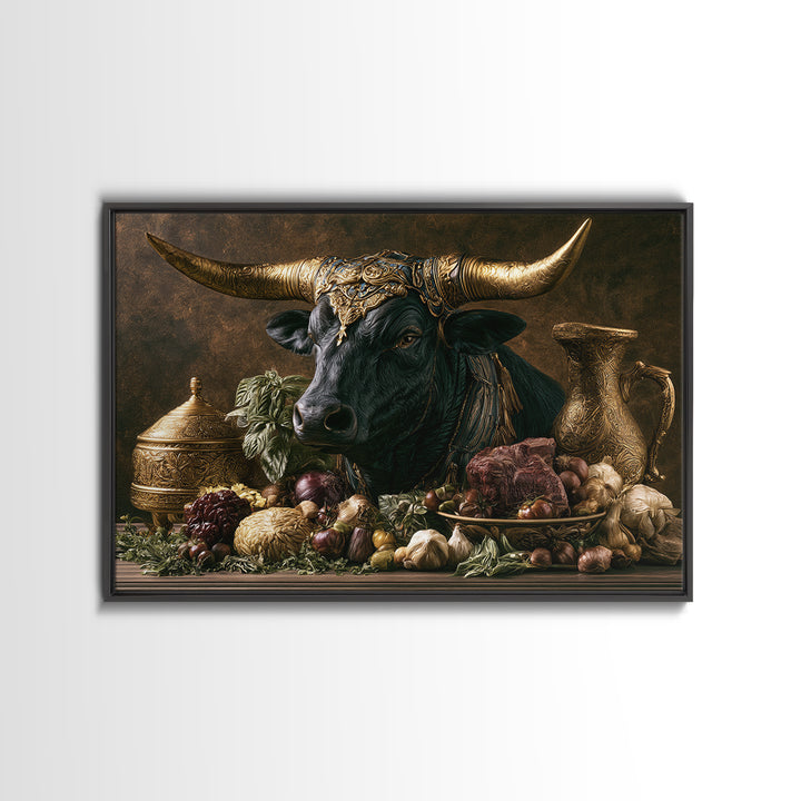 Steakhouse Black and Gold Bull Portrait Framed Canvas Print, Restaurant Art, Wall Art Prints, Restaurant Decor, Bistro, RES-3x2-59