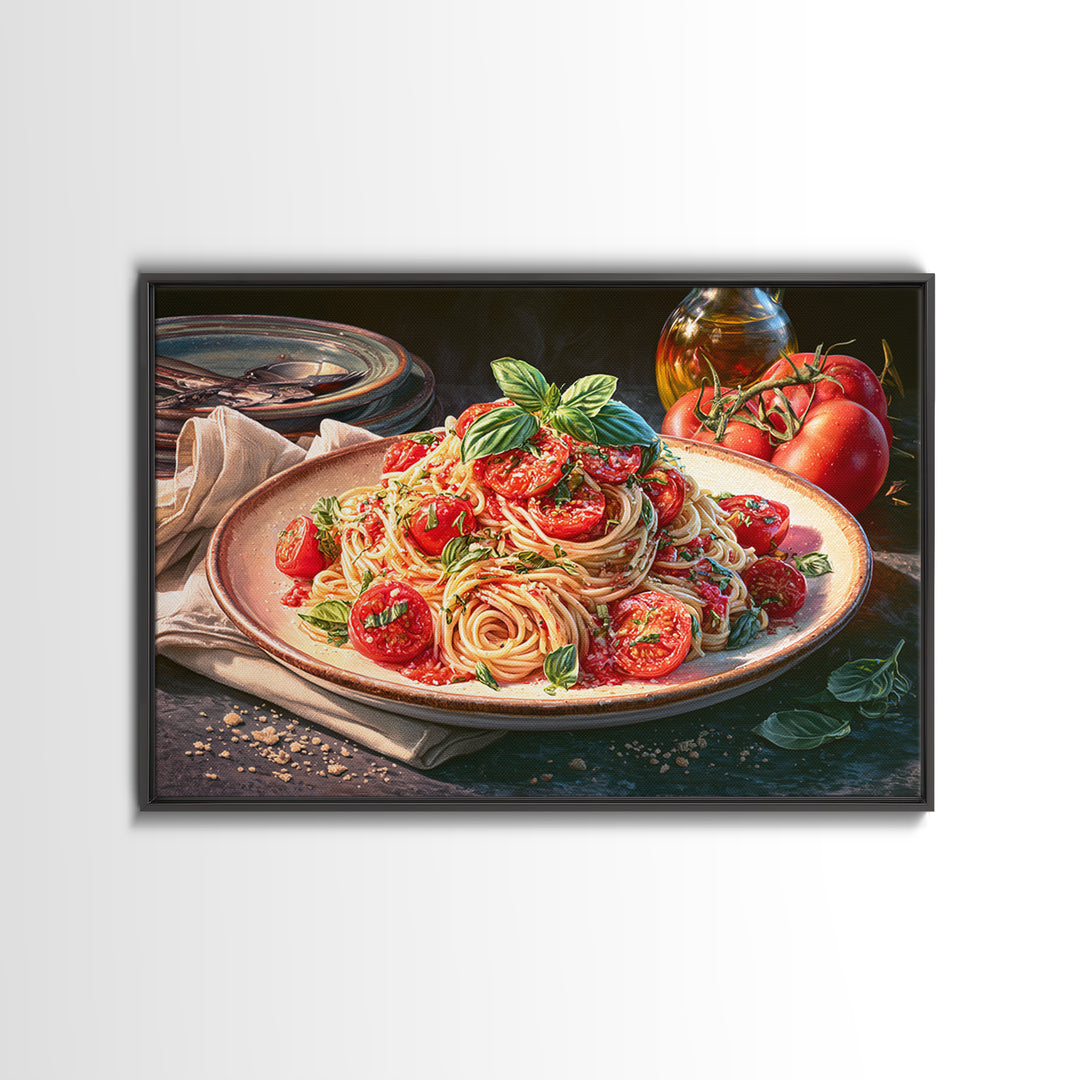 Fresh Pasta with Tomatoes and Basil Framed Canvas Print, Restaurant Art, Kitchen Art, Restaurant Decor, Fine Art, Bistro, RES-3x2-6