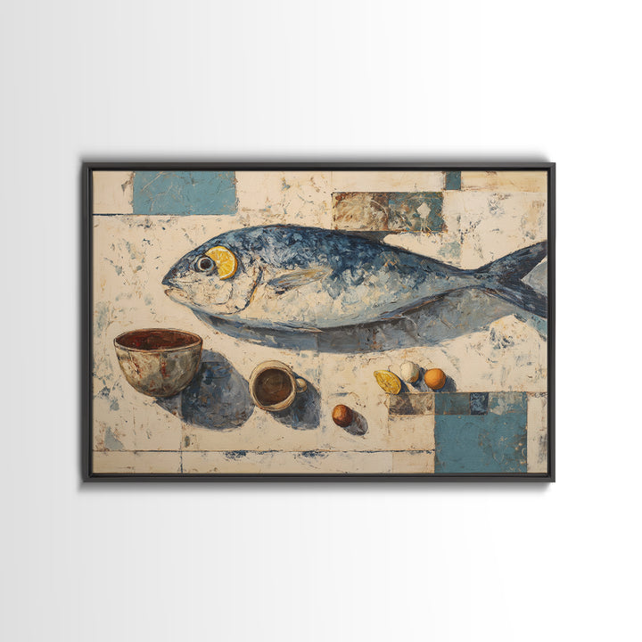 Seafood Lobster and Shell Arrangement Framed Canvas Print, Restaurant Art, Textured Painting, Restaurant Decor, Bistro, RES-3x2-60