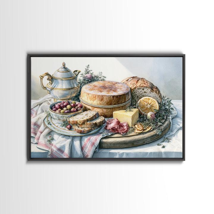 Mediterranean Olives Bread and Cheese Board Canvas Print, Restaurant Art, Food Art, Restaurant Decor, Oil Painting, Bistro, RES-3x2-61