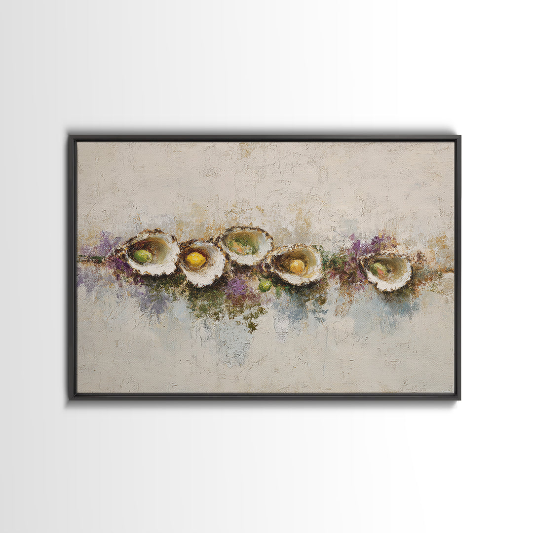 Oyster Platter with Lemons and Champagne Framed Canvas Print, Restaurant Art, Kitchen Wall Art, Restaurant Decor, Abstract Art, RES-3x2-7