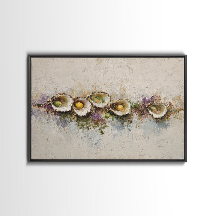 Oyster Platter with Lemons and Champagne Framed Canvas Print, Restaurant Art, Kitchen Wall Art, Restaurant Decor, Abstract Art, RES-3x2-7