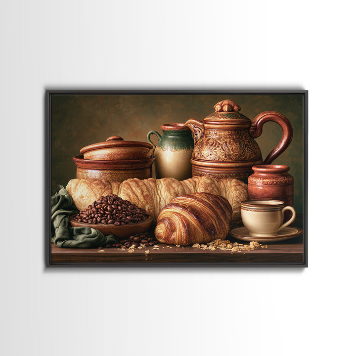 Coffee Beans and Pastry Arrangement Framed Canvas Print, Restaurant Art, Watercolor Painting, Restaurant Decor, Oil Painting, RES-3x2-74