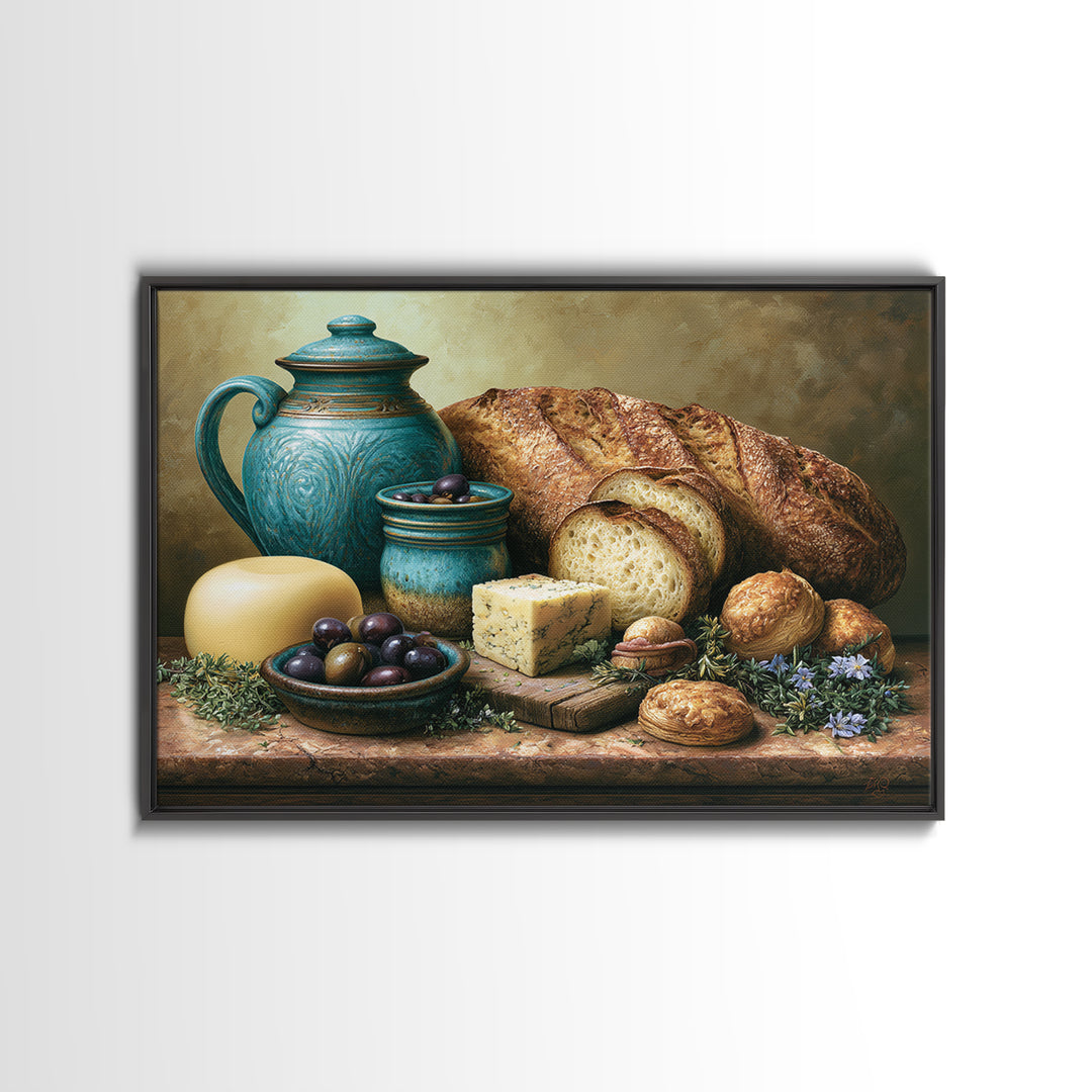 Mediterranean Olives Bread and Cheese Board Framed Canvas Print, Restaurant Art, Statement Artwork, Restaurant Decor, Bistro, RES-3x2-85
